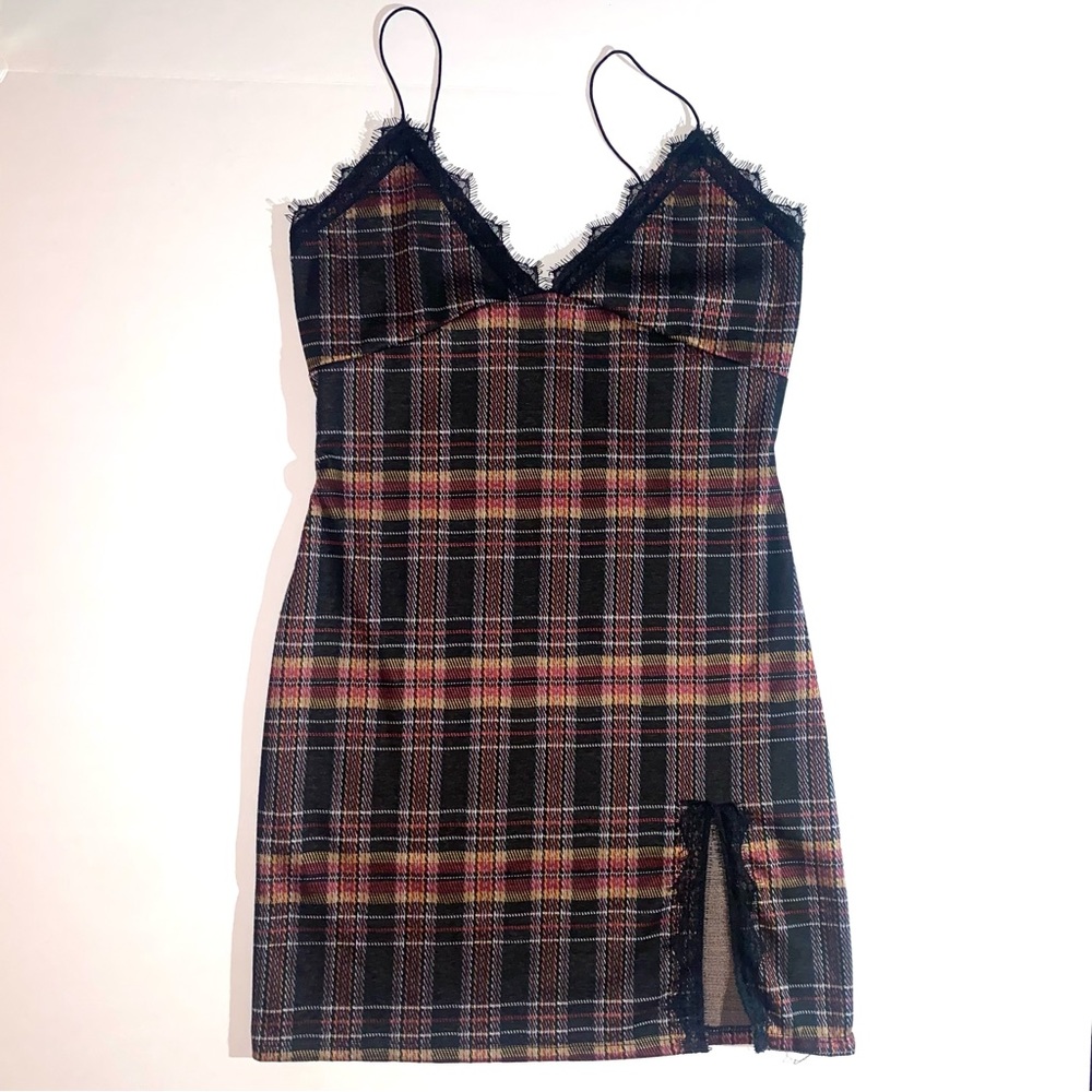 Zumies Luna Chix Spaghetti Strap Plaid Lace Lining Slit Dress
